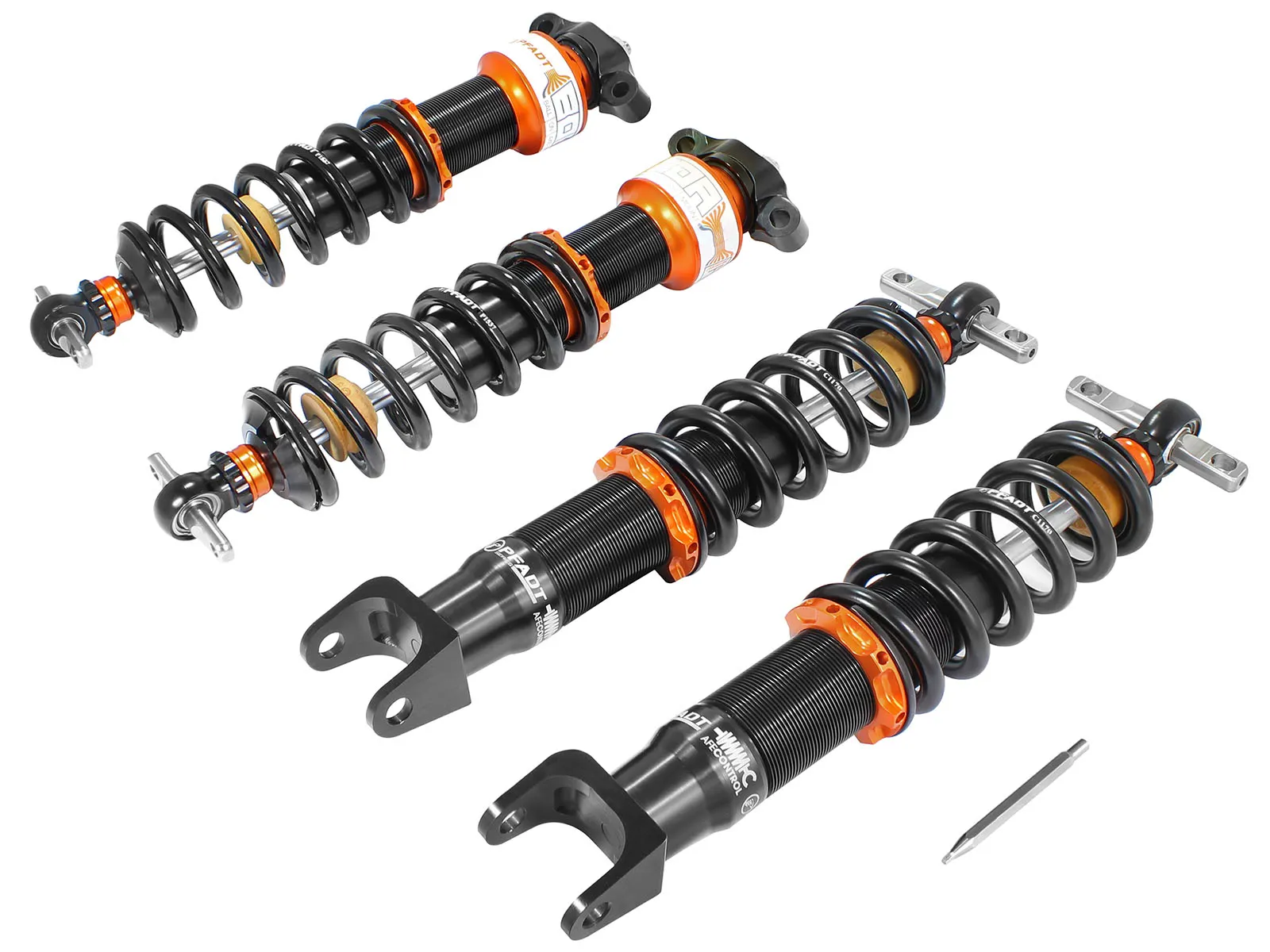 Black and orange Front and rear Pfadt Coilovers for Corvette C7 and C7 Z06 on white background