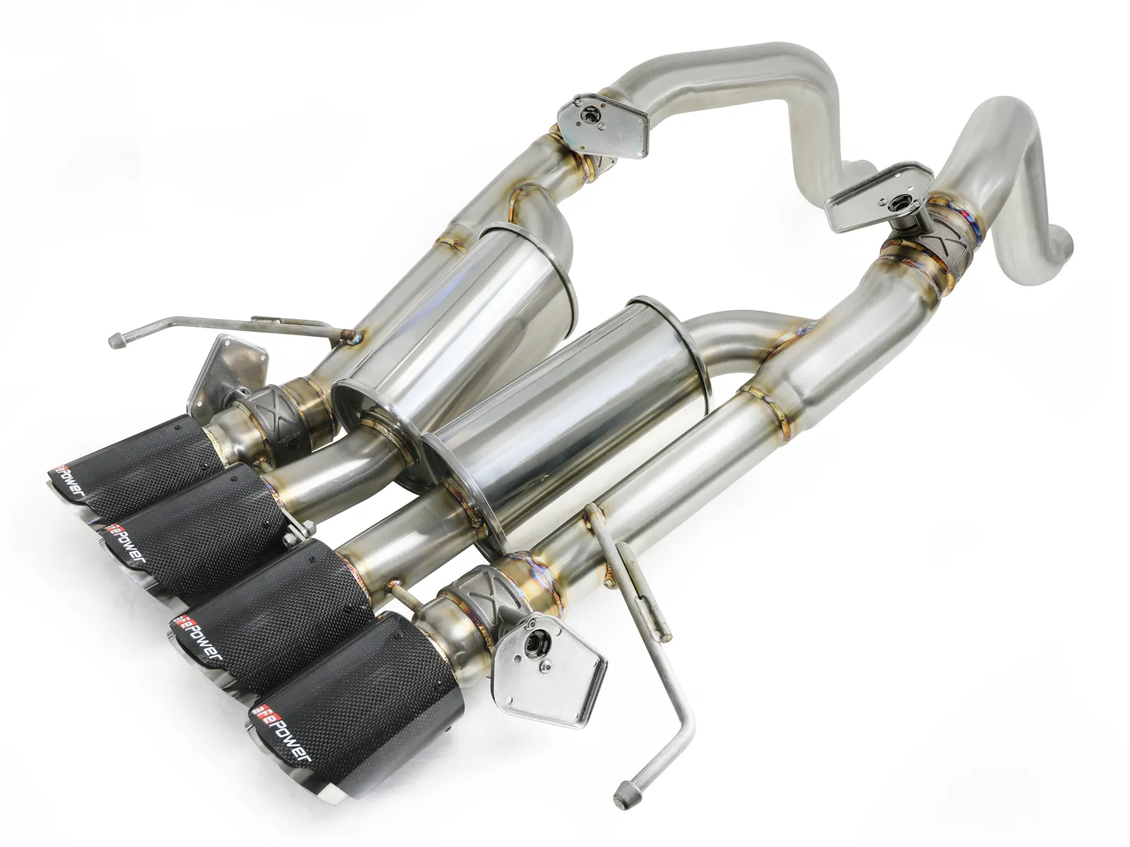 aFe 304 brushed Stainless Steel Axle-Back Exhaust System for Corvette C7 LT1 with AFM and NPP valves and quad carbon fiber exhaust tips on white background