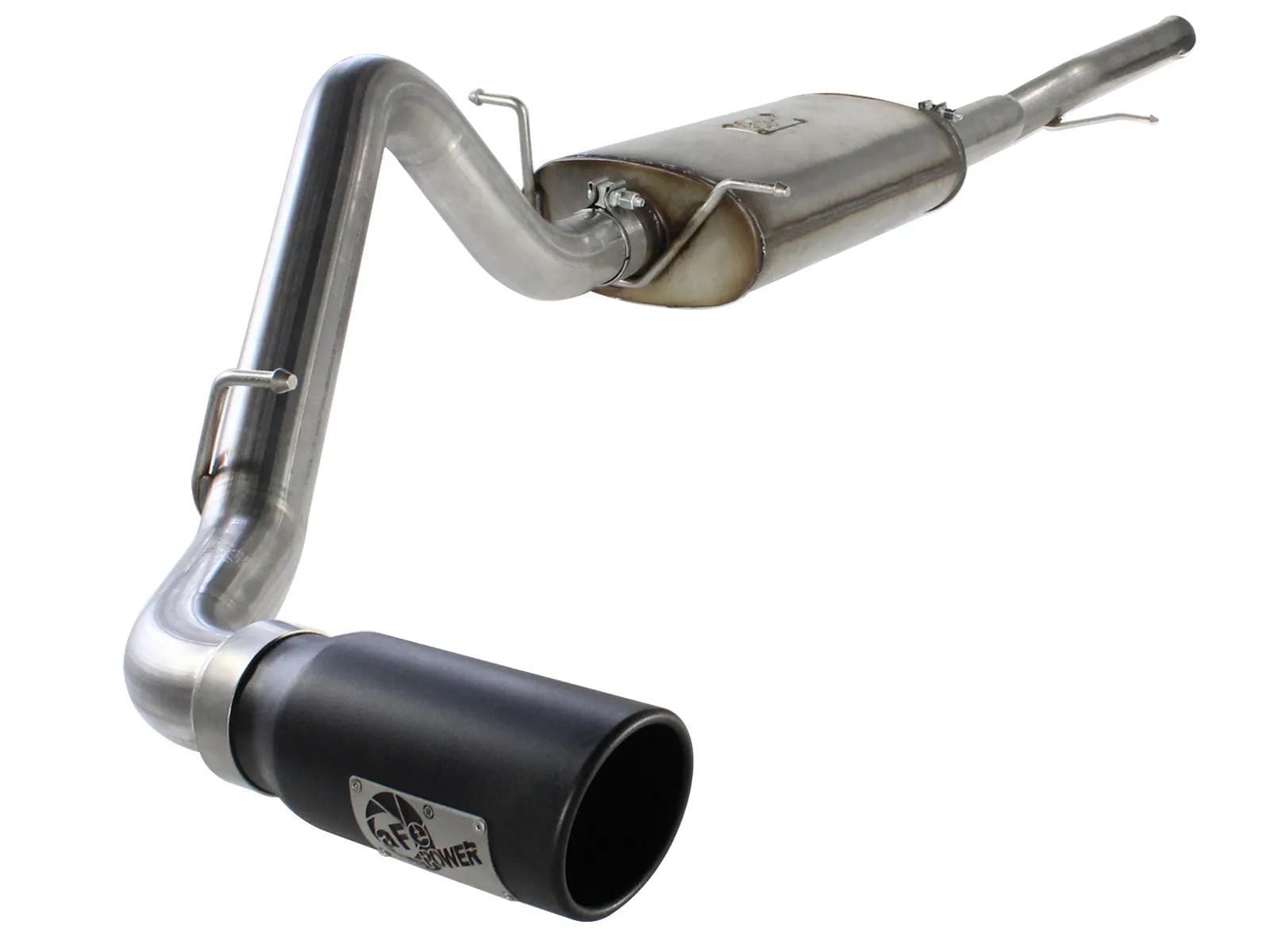 Single exit stainless steel exhaust for V8 5.3L GMC Sierra 1500 and Chevy Silverado 1500 V8 5.3L trucks on white background