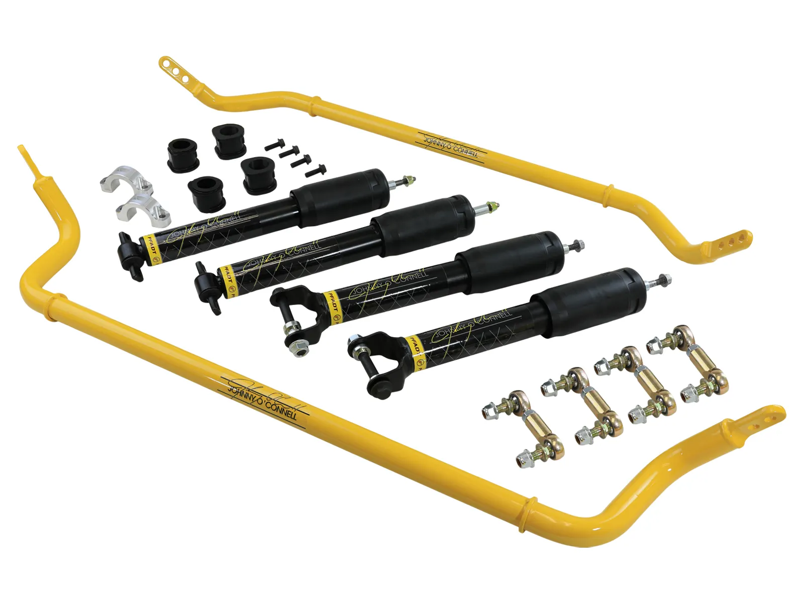 aFe Johnny O'Connell Stage 1 Suspension Package including Yellow Sway Bar, Front and Rear Signature Shocks, and End Links for C7 Corvette and C7 Z06 on white background