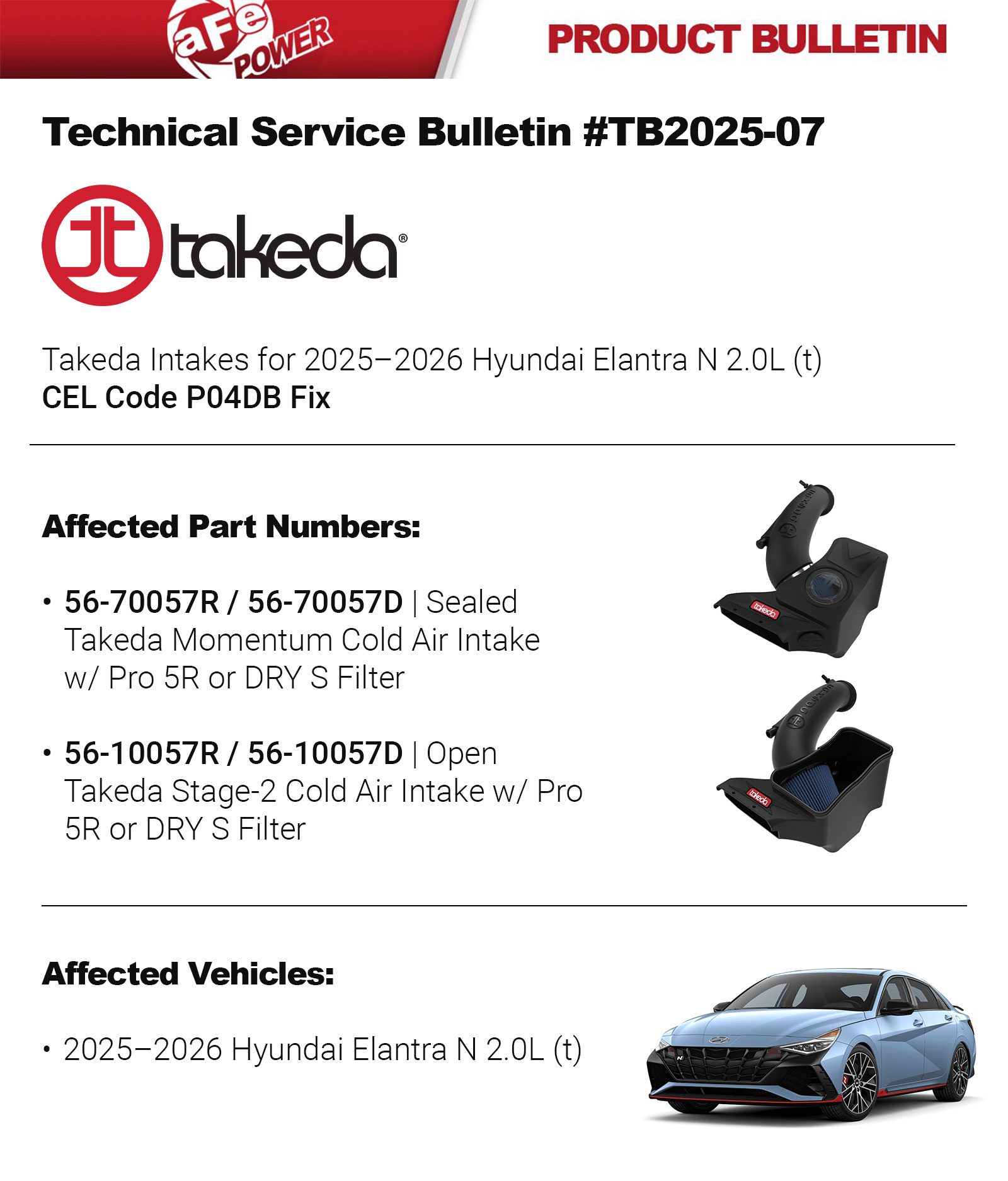 2025 2026 Elantra N Takeda Intake Check Engine Light Code P04DB Fix