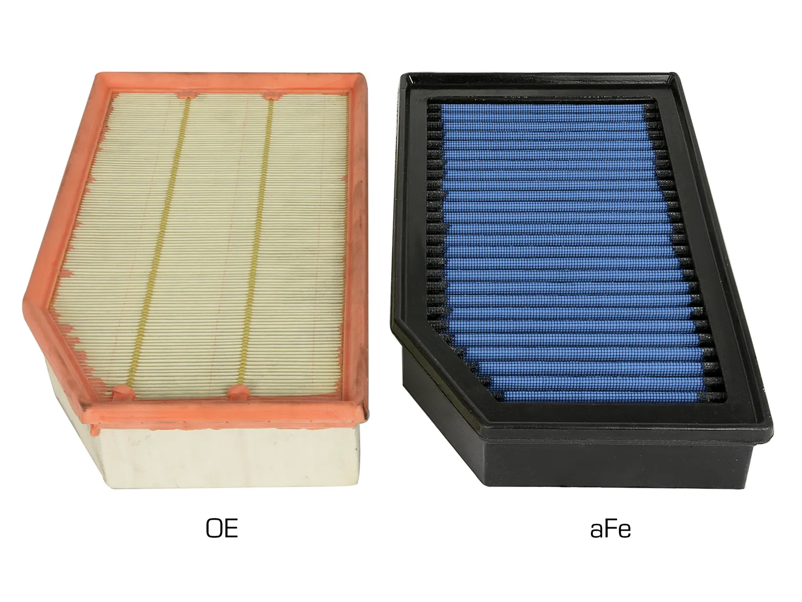 OE Paper Stock Air Filter for Jeep Wrangler JL side by side with aFe POWER Pro 5R rectangular blue drop-in replacement air filter
