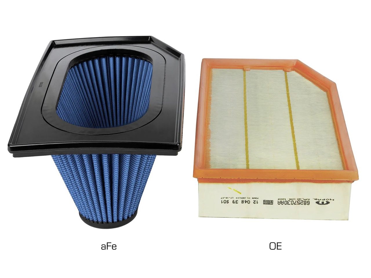 aFe Inverted Pro 5R blue air filter for Jeep Wrangler JL next to factory paper air filter