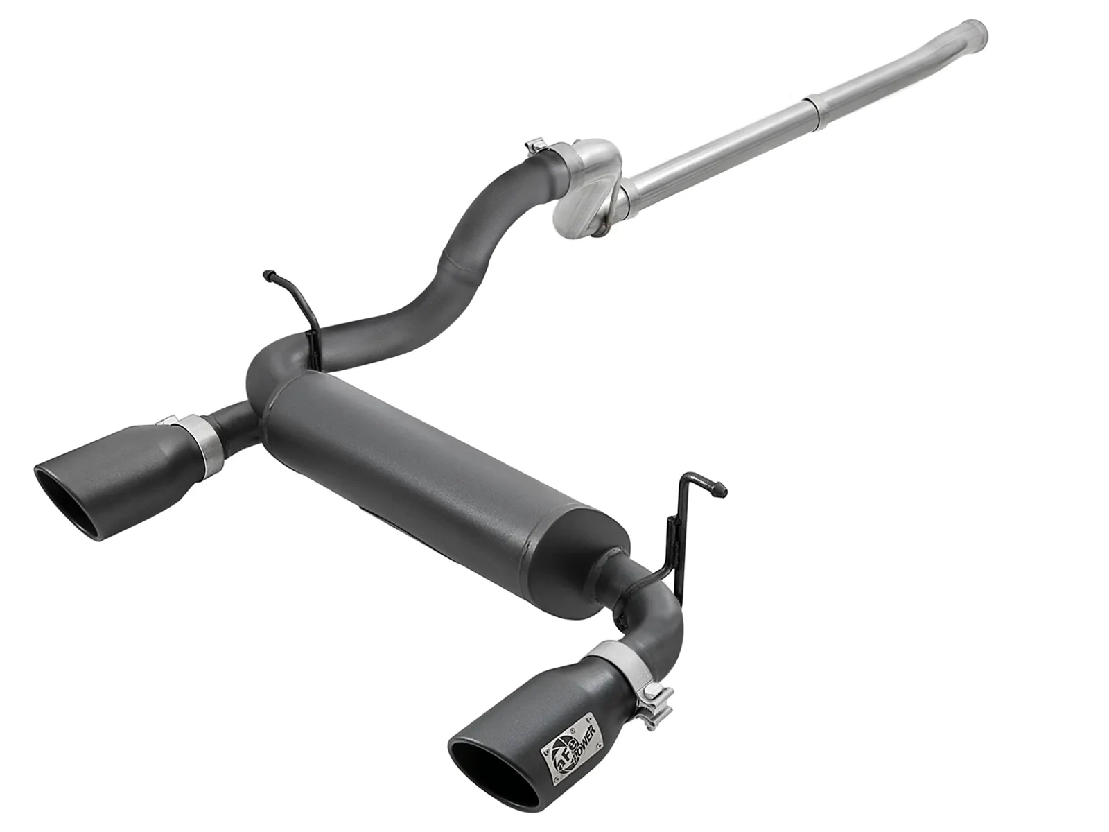 aFe Cat-Back Exhaust for Jeep Wrangler JL with dual tip and long muffler on white background
