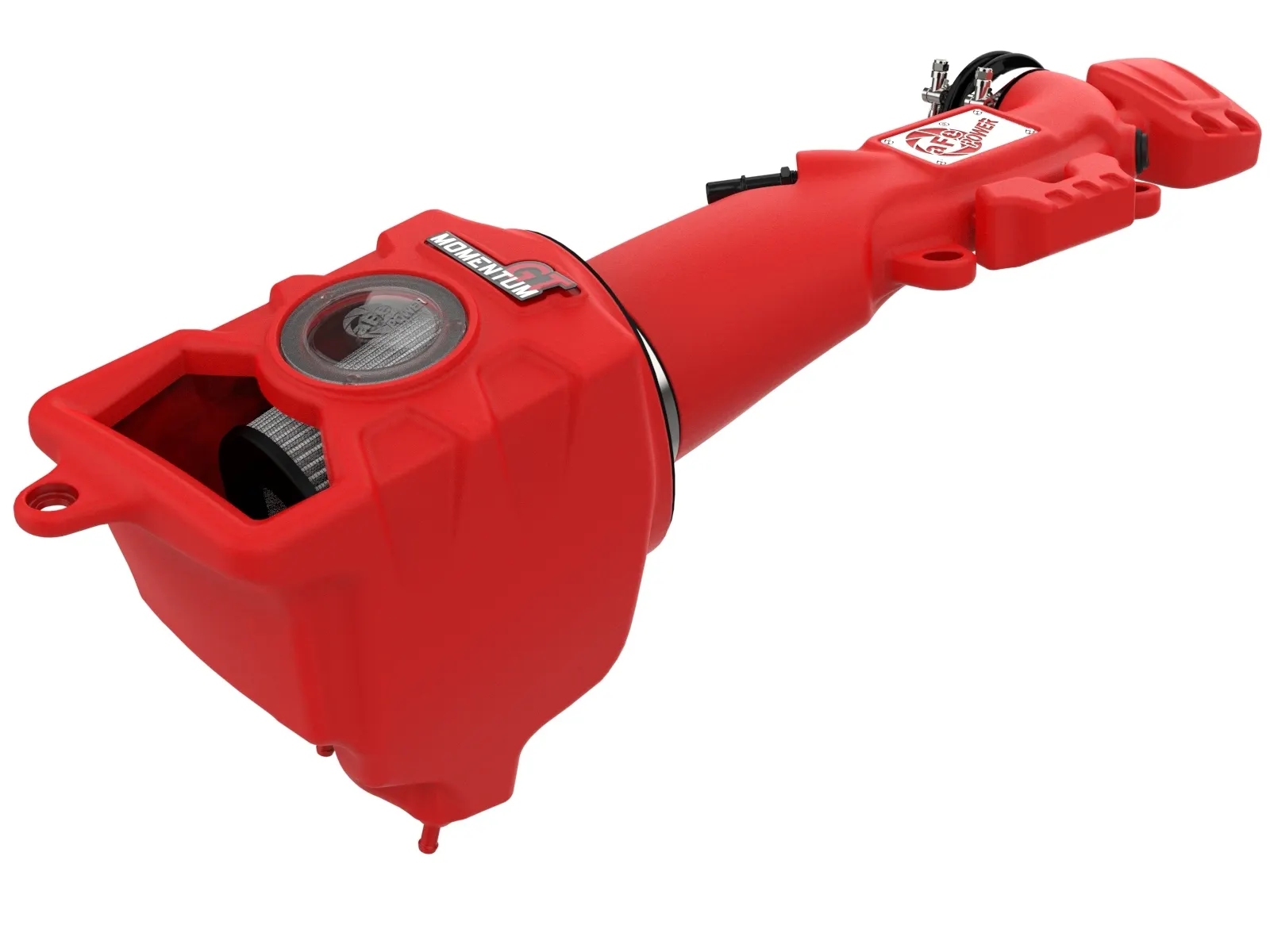 Bright red aFe POWER Momentum Cold Air Intake with grey air filter on white background