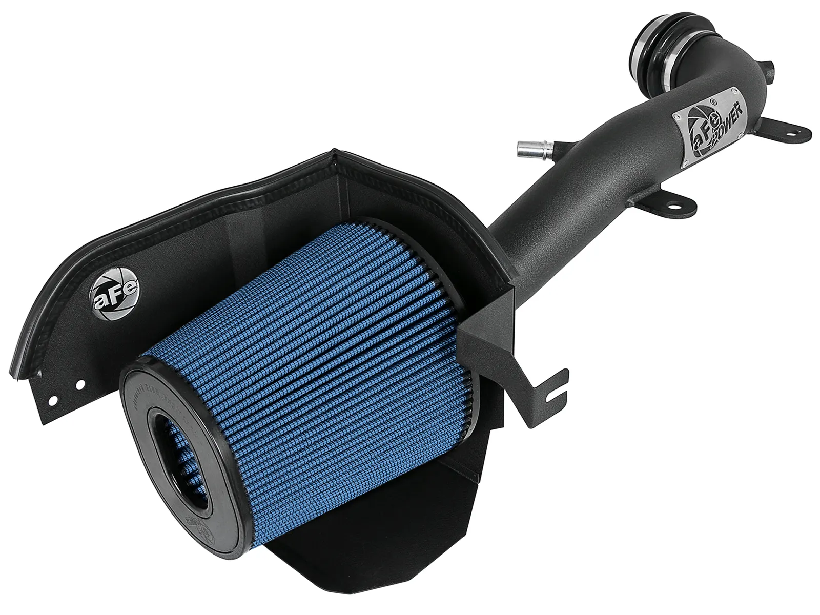 aFe Intake for nJeep Wrangler JL with Blue air filter with metal heatshield and metal tube on white background