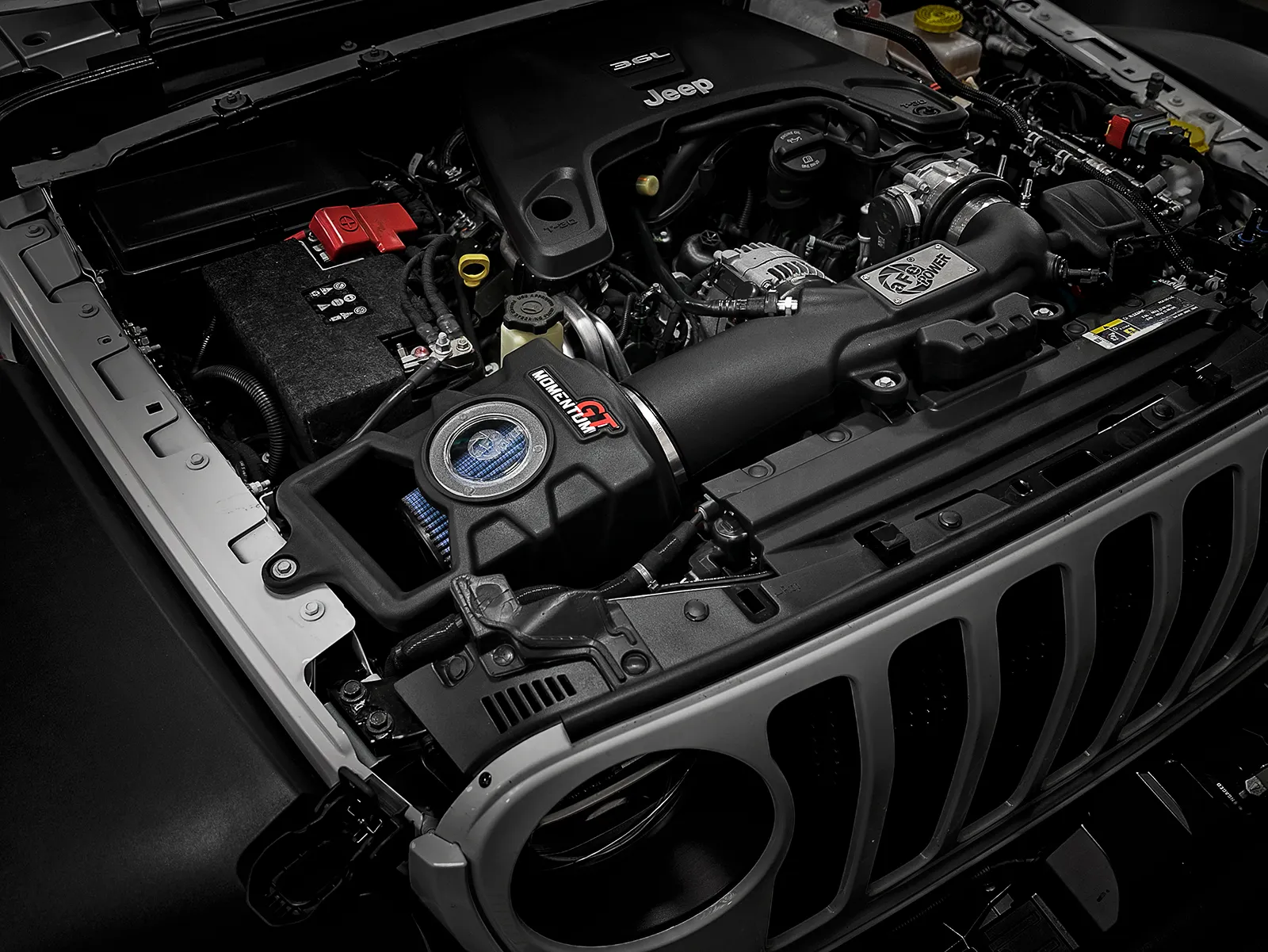 aFe Momentum GT Cold Air Intake with green off-raod Pro GUARD 7 Air Filter installed on Jeep Wrangler JL V6 3.6L