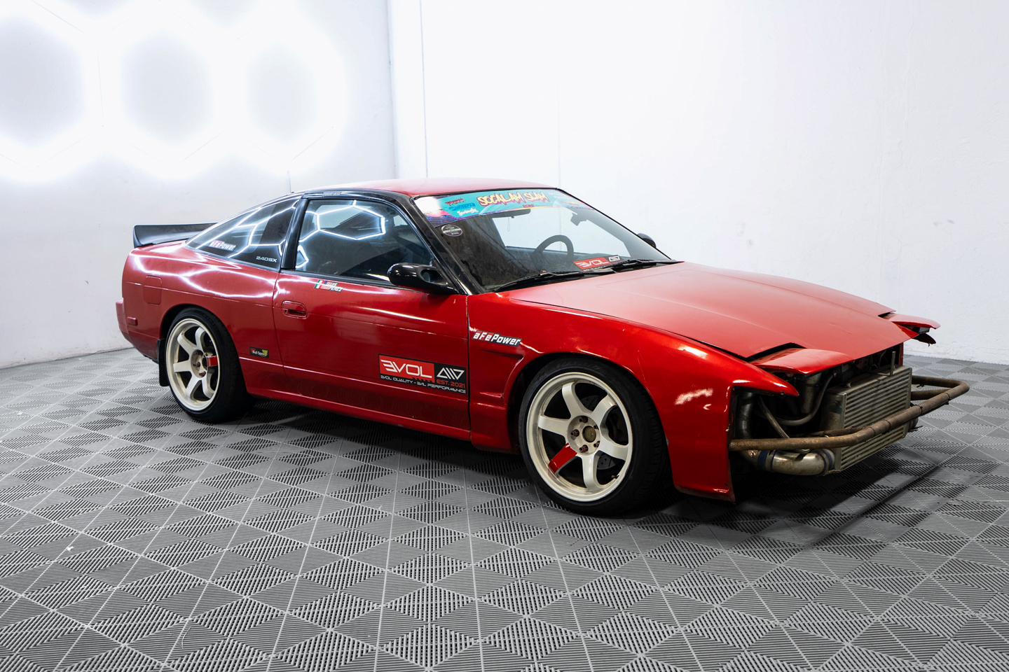 Luis Perez aFe Throtl Nissan 240sx Drift Car Red Before 3/4 angle