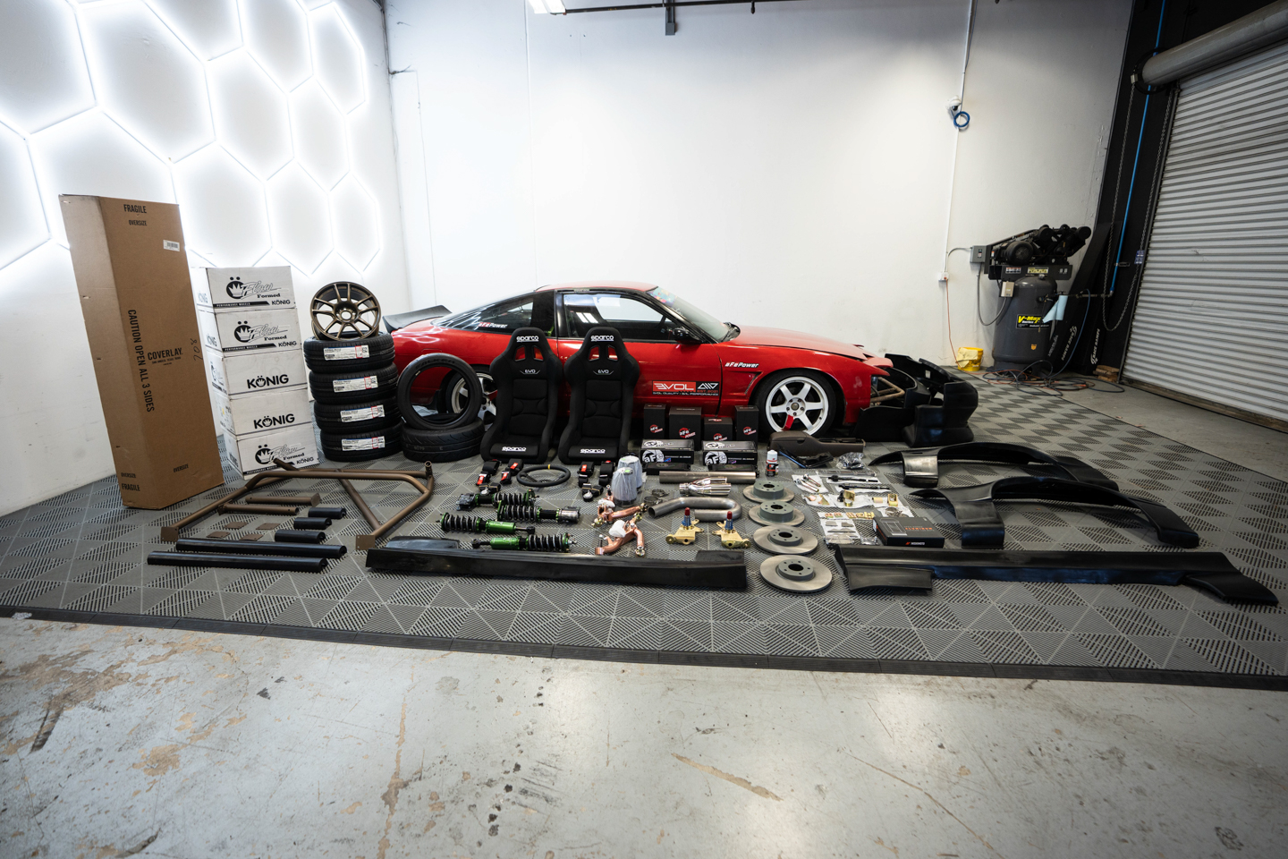 All parts laid out for aFe Throtl Nissan 240sx Luis Perez Drift Spec Build