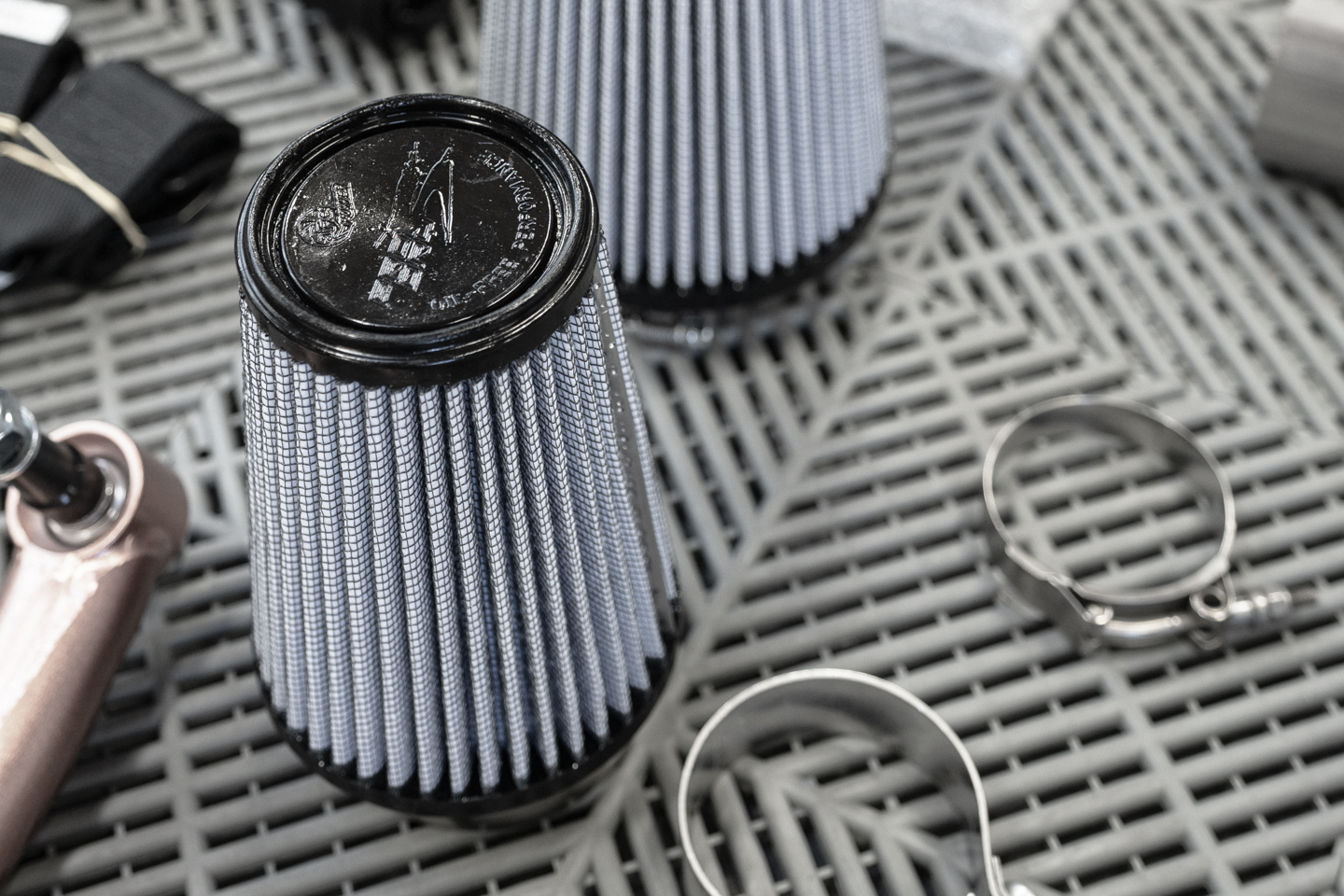 Grey conical aFe Pro DRY S Racing Air Filter with flat polyurethane top for Drift Car
