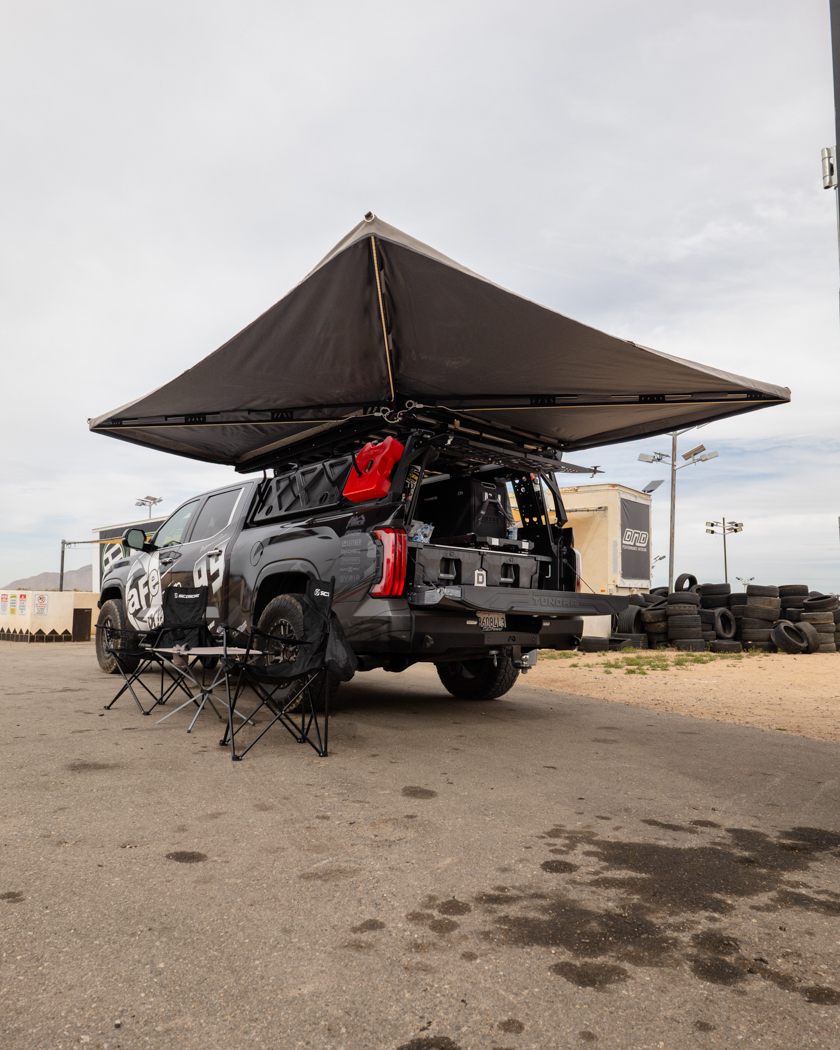 Rear view of 3rd Gen Toyota Tundra overland build with large awning