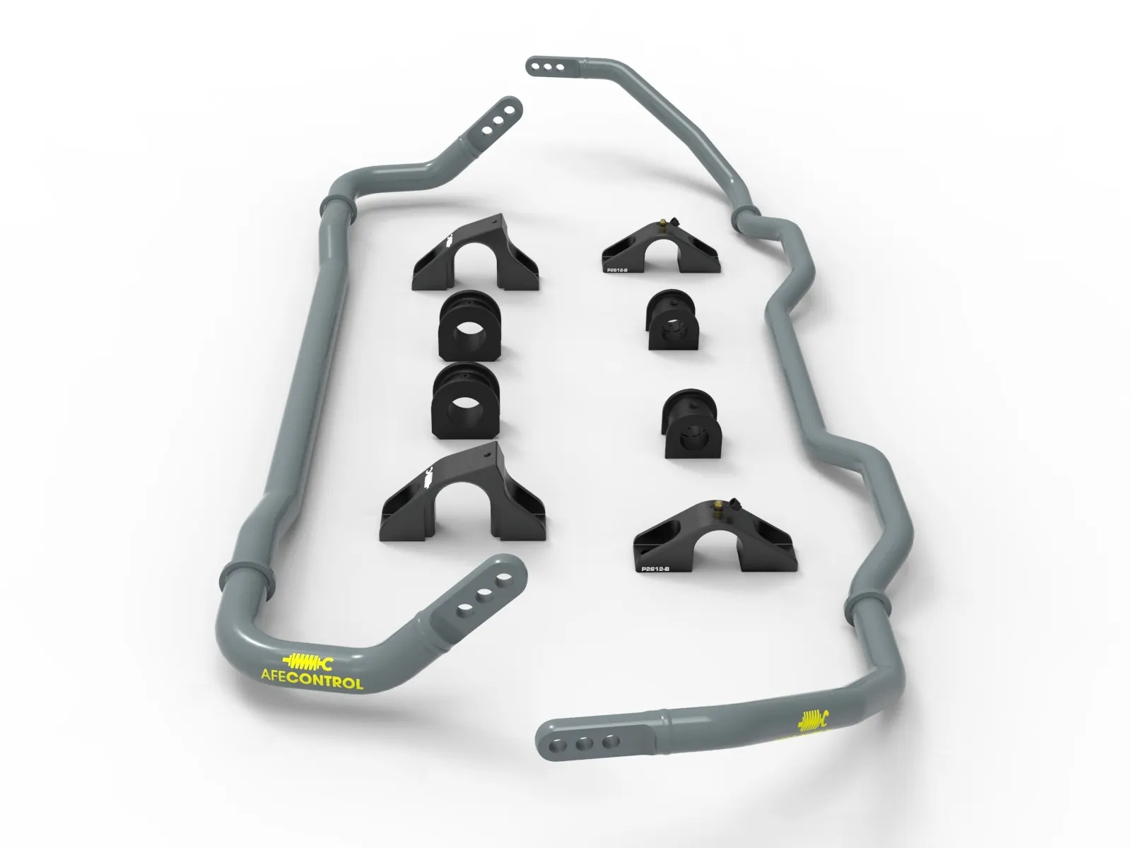 440-901001-g_6-Sway-Bar-Set-Tesla-3 Grey front and rear aftermarket aFe sway bars and bushings for Tesla 3 Electric Car on white background